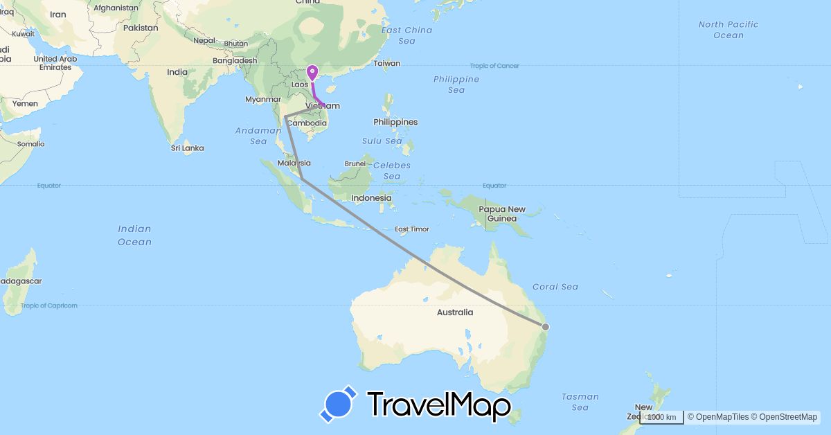 TravelMap itinerary: driving, plane, train in Australia, Singapore, Thailand, Vietnam (Asia, Oceania)